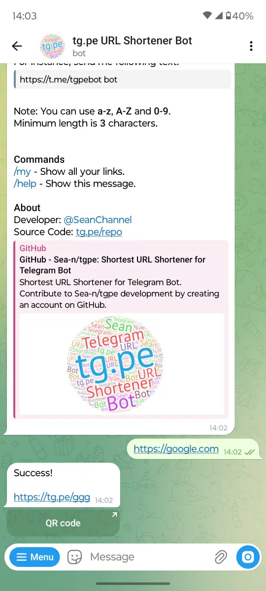 tg.pe URL Shortener preview 1